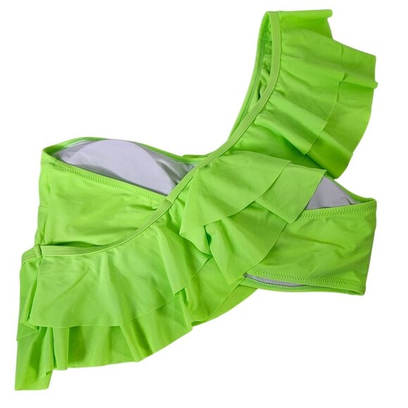 Hilinker L Womens Lime Green Large Ruffle One Shoulder Bikini Swimsuit 2 Piece - Picture 5 of 8